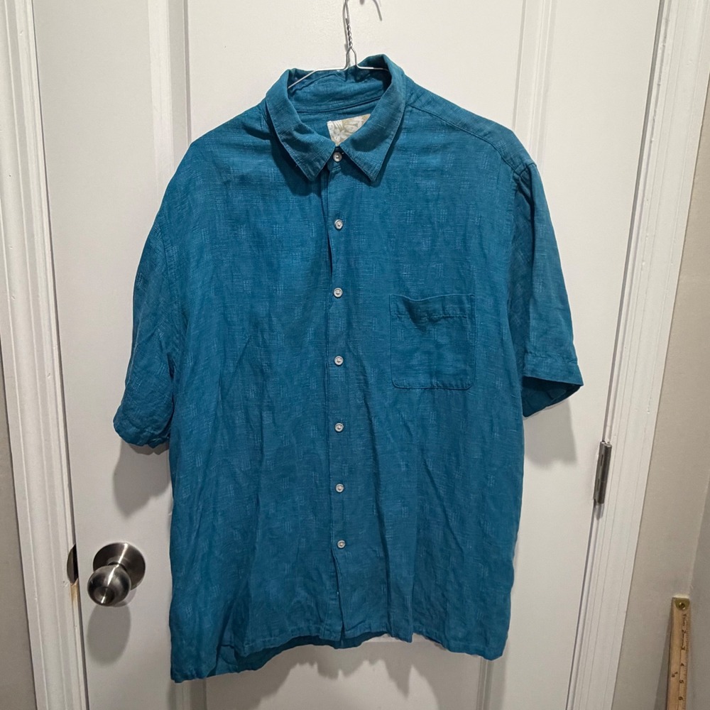 Tasso Elba Mens Shirt Silk Linen Blend Textured Teal XL